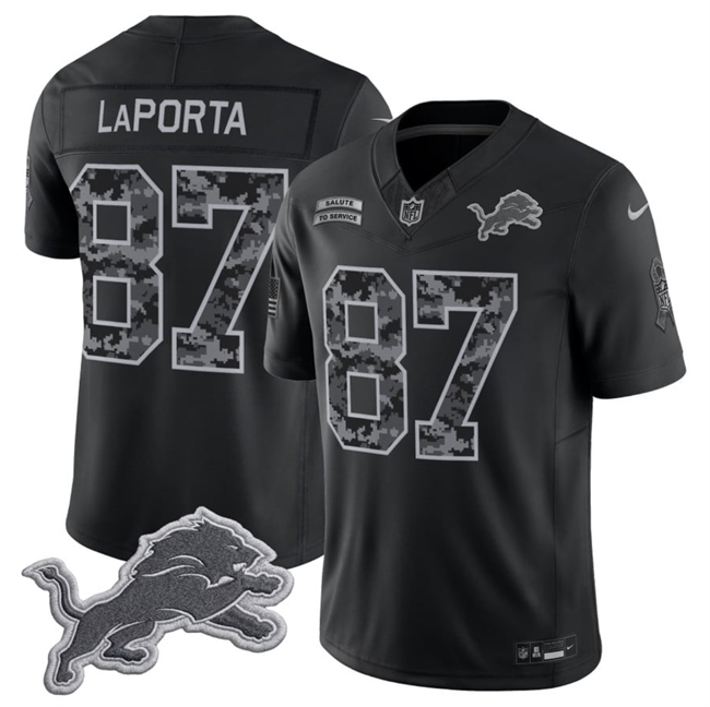 Men's Black Detroit Lions #87 Sam LaPorta F.U.S.E. 2026 Salute to Service Limited Stitched Football Jersey